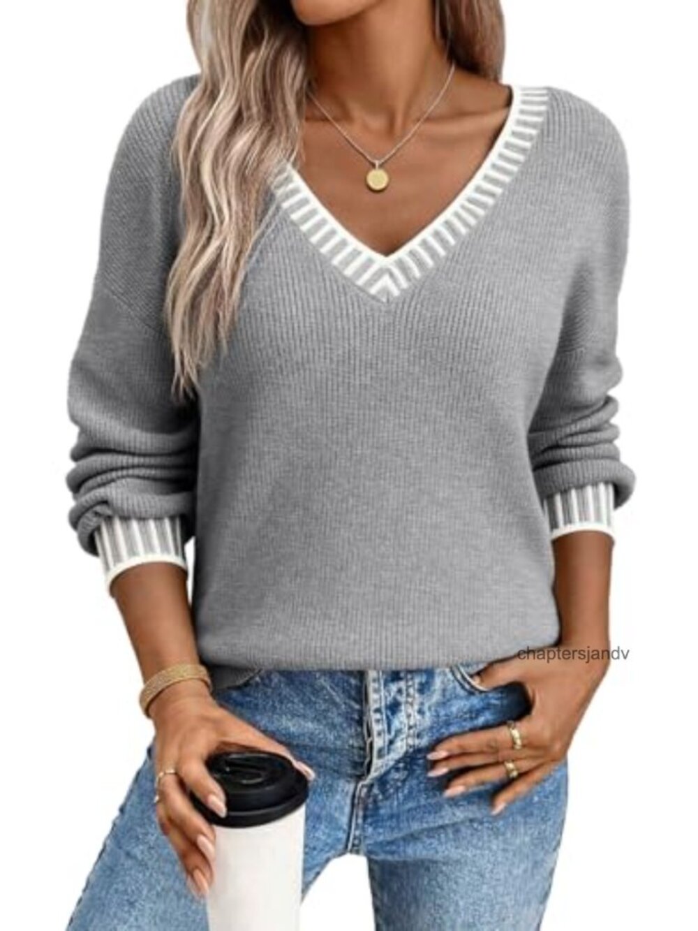 V Neck Long Sleeve Contrast Knit Pullover Sweater